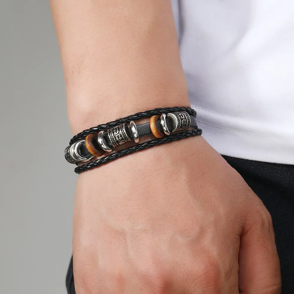 Punk Vintage Buckle Bracelet for Men Leather Multi-layer Beaded — feature 15