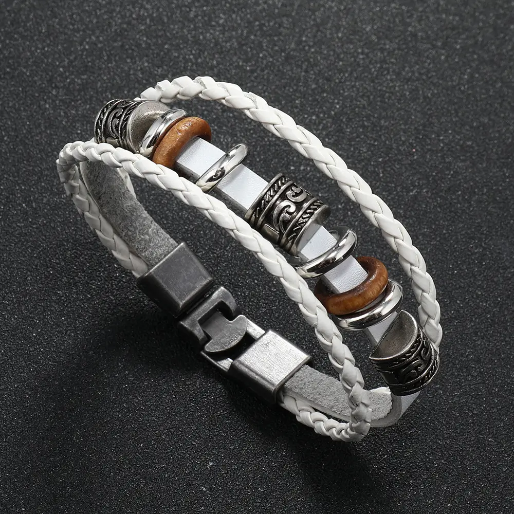 Punk Vintage Buckle Bracelet for Men Leather Multi-layer Beaded — feature 17