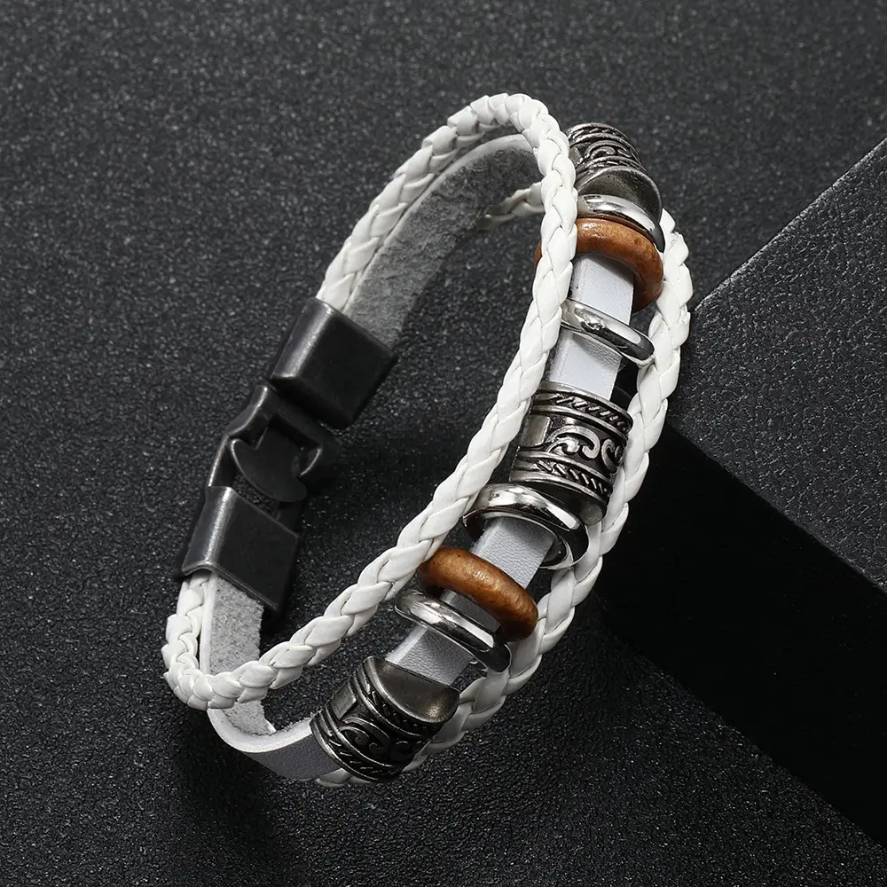 Punk Vintage Buckle Bracelet for Men Leather Multi-layer Beaded — feature 18