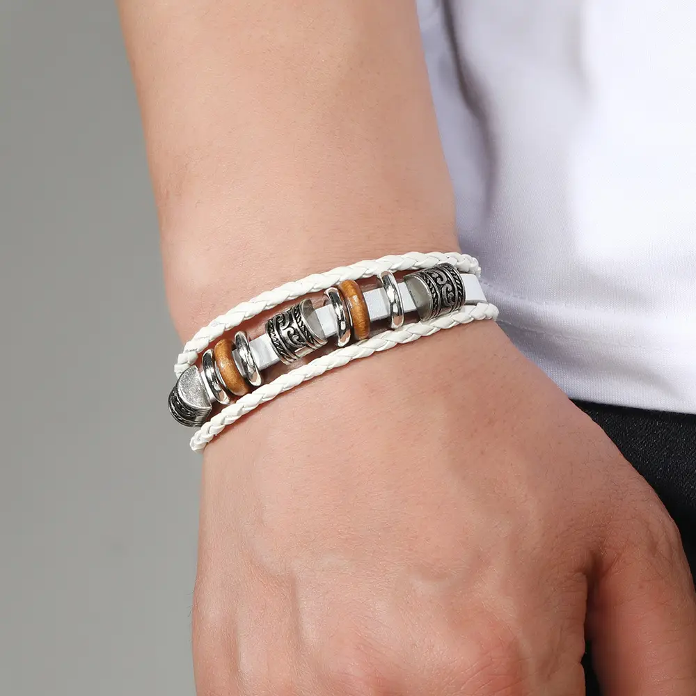 Punk Vintage Buckle Bracelet for Men Leather Multi-layer Beaded — feature 20