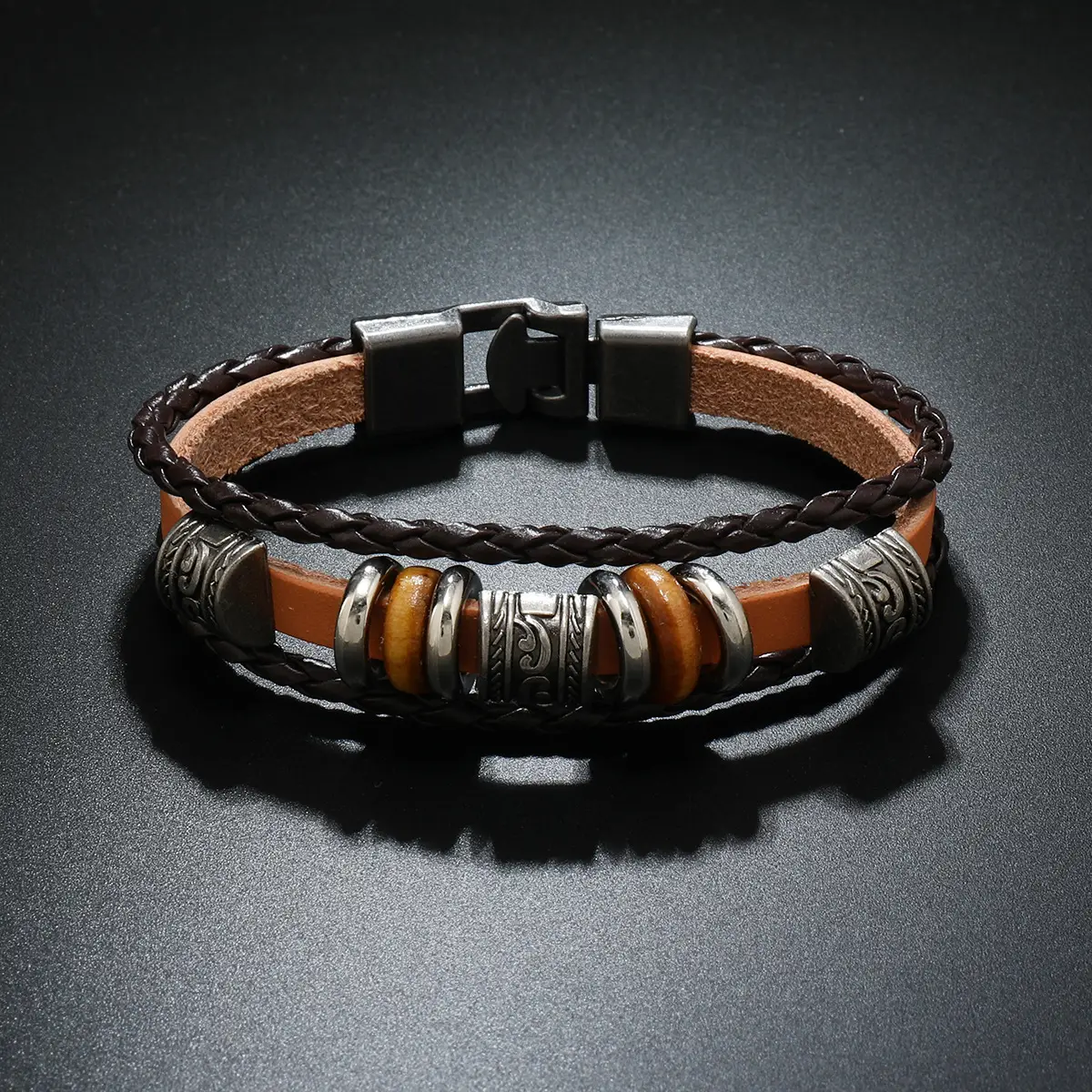 Punk Vintage Buckle Bracelet for Men Leather Multi-layer Beaded — feature 23