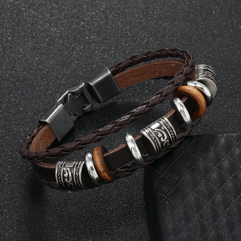 Punk Vintage Buckle Bracelet for Men Leather Multi-layer Beaded — feature 7
