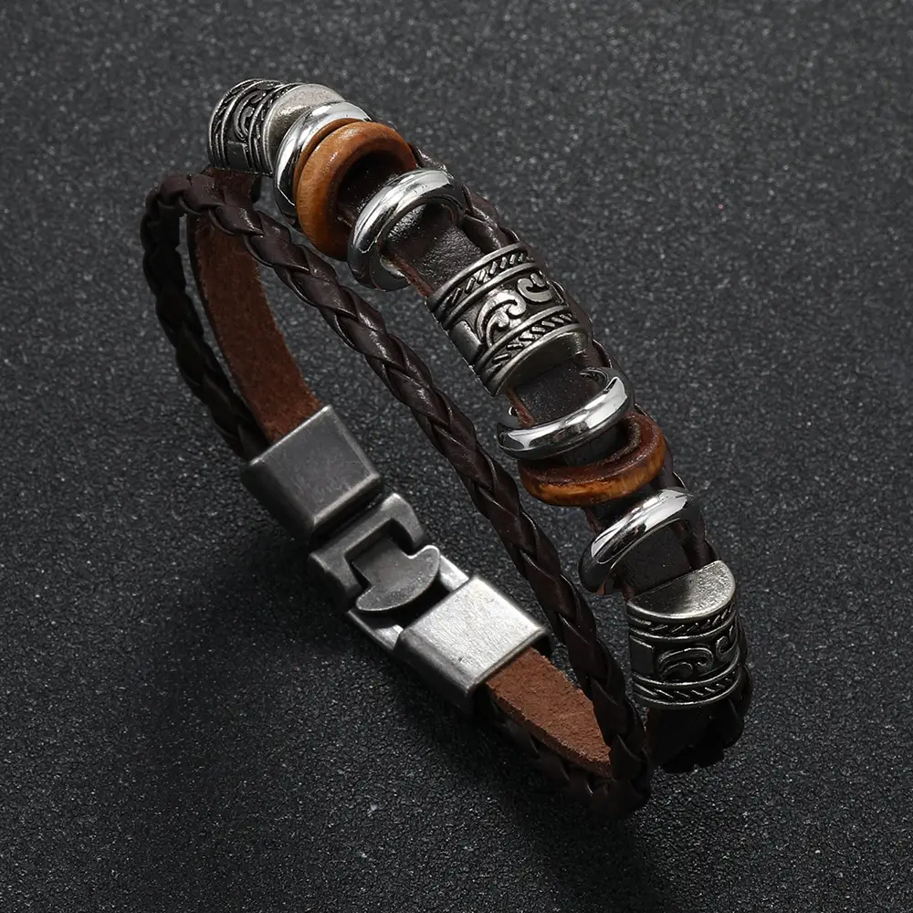 Punk Vintage Buckle Bracelet for Men Leather Multi-layer Beaded — feature 8