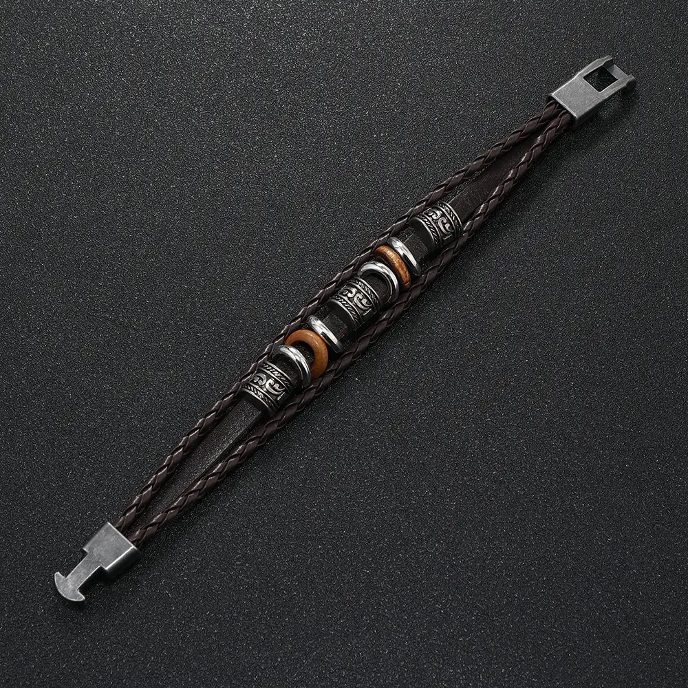 Punk Vintage Buckle Bracelet for Men Leather Multi-layer Beaded — feature 9