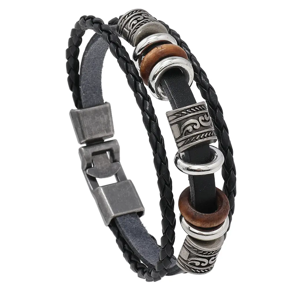 Punk Vintage Buckle Bracelet for Men Leather Multi-layer Beaded - Image 3