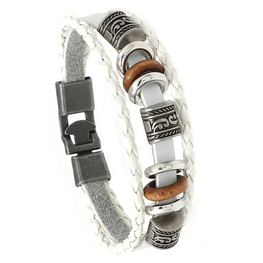 Punk Vintage Buckle Bracelet for Men Leather Multi-layer Beaded - Image 4