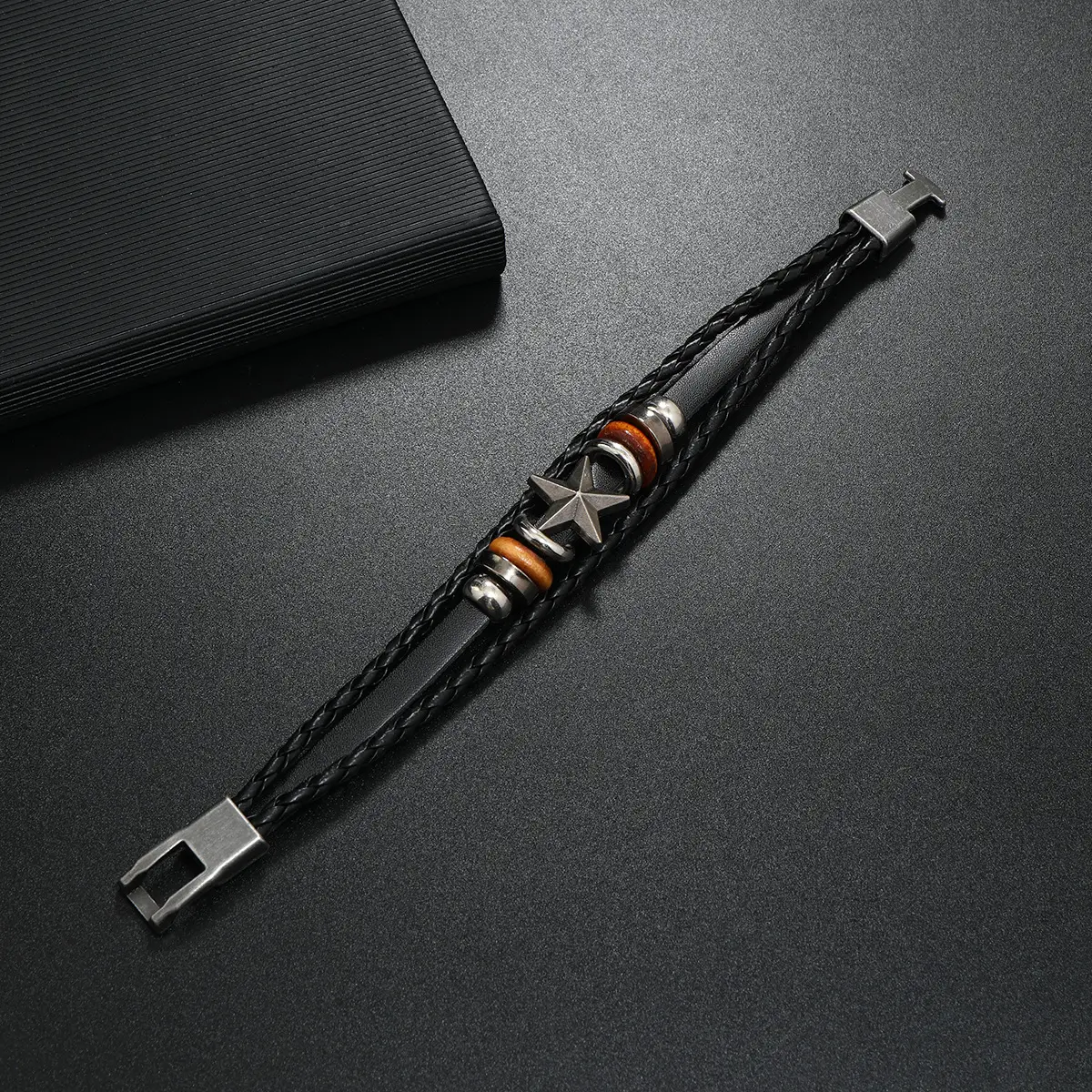Men's Five-Point Star Buckle Braided Leather Bracelet - Image 6