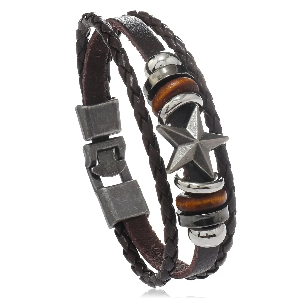 Men's Five-Point Star Buckle Braided Leather Bracelet - Image 3