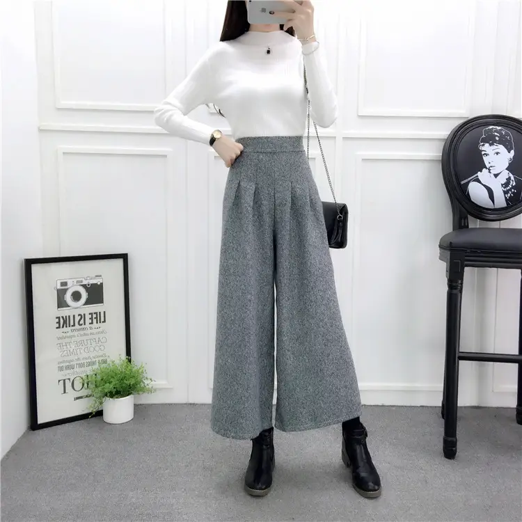 Women Woolen Wide-leg Pants Grey Ankle Length Winter - Image 3