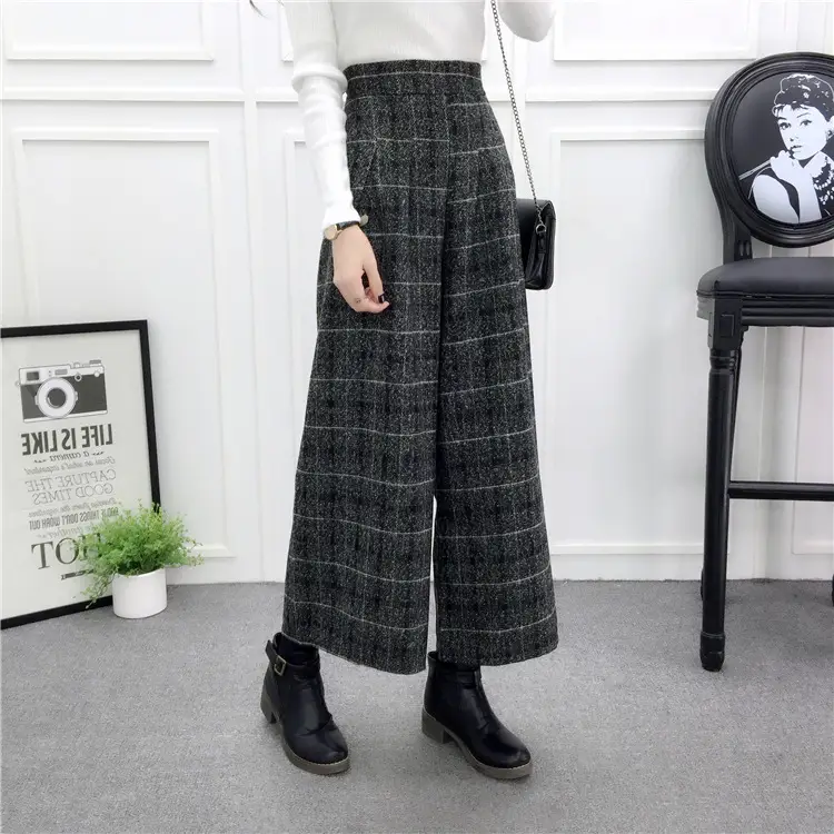 Women Woolen Wide-leg Pants Grey Ankle Length Winter - Image 4