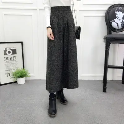 Women Woolen Wide-leg Pants Grey Ankle Length Winter - Image 5