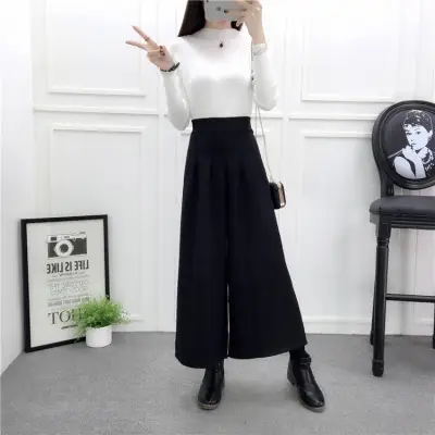 Women Woolen Wide-leg Pants Grey Ankle Length Winter - Image 6
