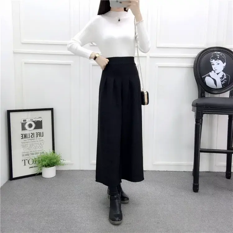 Women Woolen Wide-leg Pants Grey Ankle Length Winter — feature 17