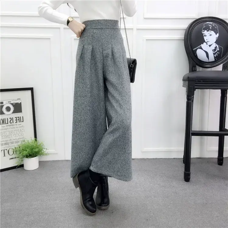 Women Woolen Wide-leg Pants Grey Ankle Length Winter — feature 23