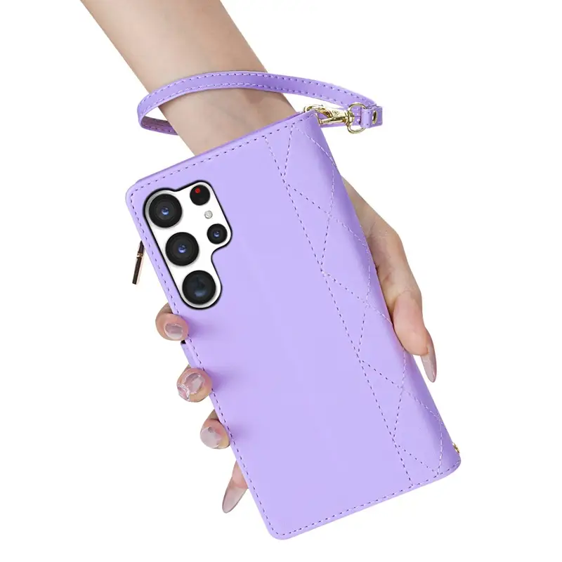 Black Quilted Leather Phone Case with Lanyard for S25 Ultra - Image 9