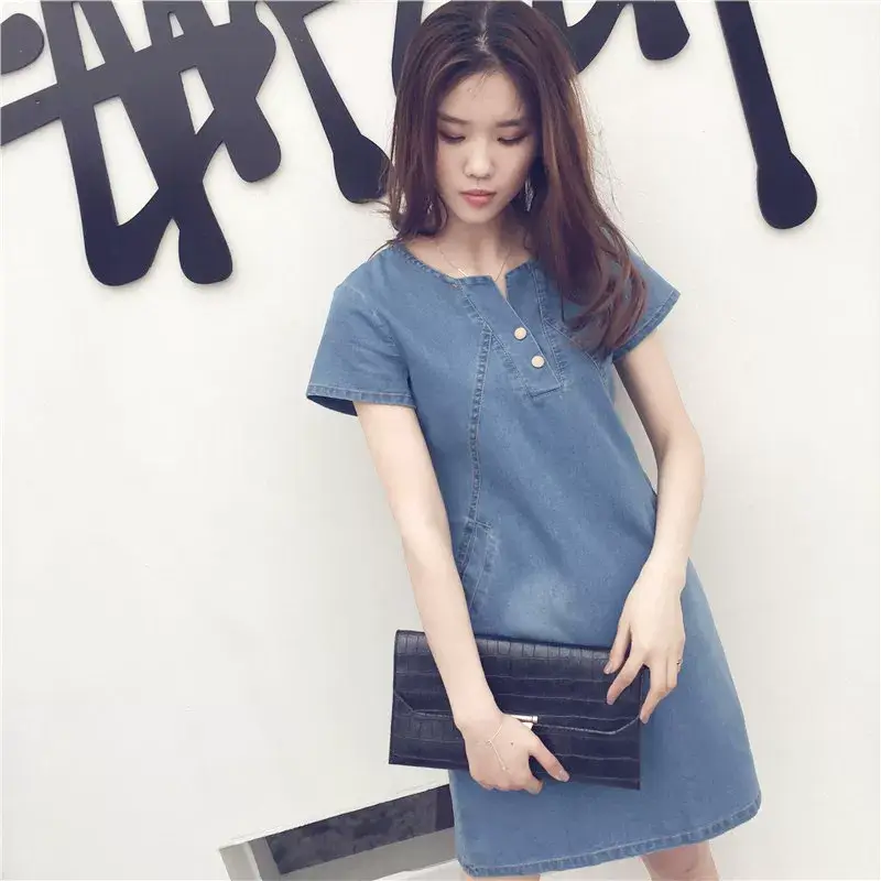 Blue Denim Button Front Women's Dress Large — feature 14