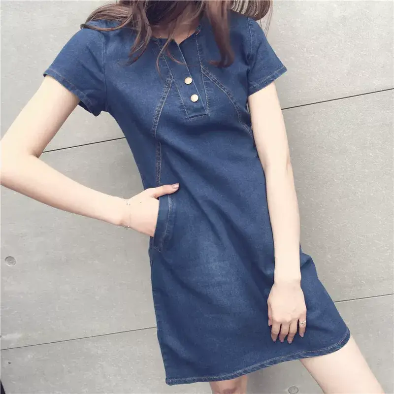 Blue Denim Button Front Women's Dress Large — feature 5