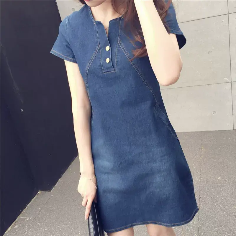 Blue Denim Button Front Women's Dress Large — feature 6