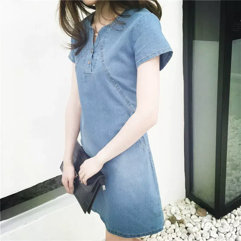 Blue Denim Button Front Women's Dress Large — feature 9