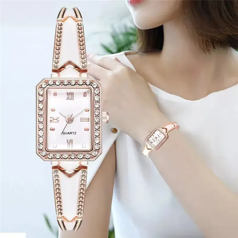 Korean Style Square Watch for Girls with Rhinestone Strap