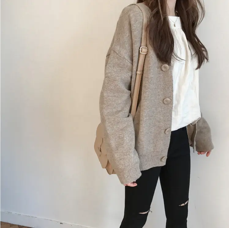 Women's Grey Knit Cardigan Jacket with White Top - Image 5