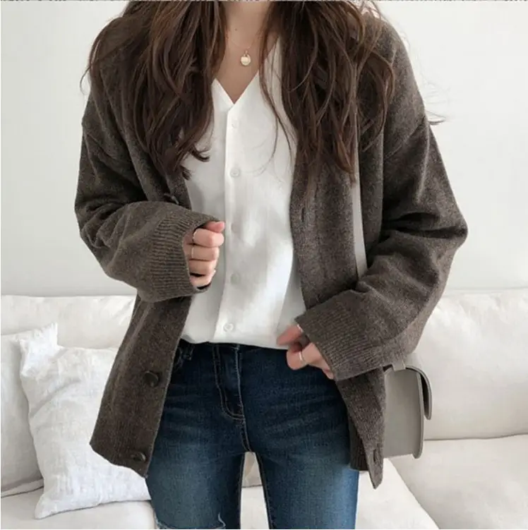 Women's Grey Knit Cardigan Jacket with White Top - Image 4