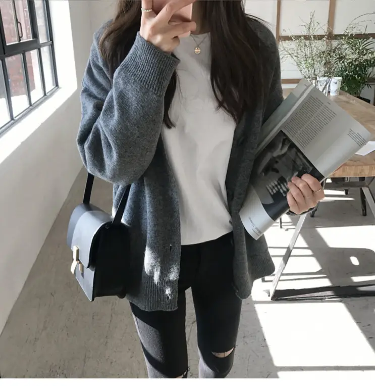 Women's Grey Knit Cardigan Jacket with White Top - Image 2