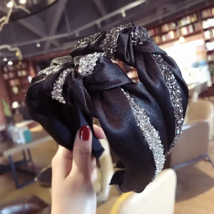 Black Diamond Strip Hairband for Women Wide Edge Tie Bow - Image 5