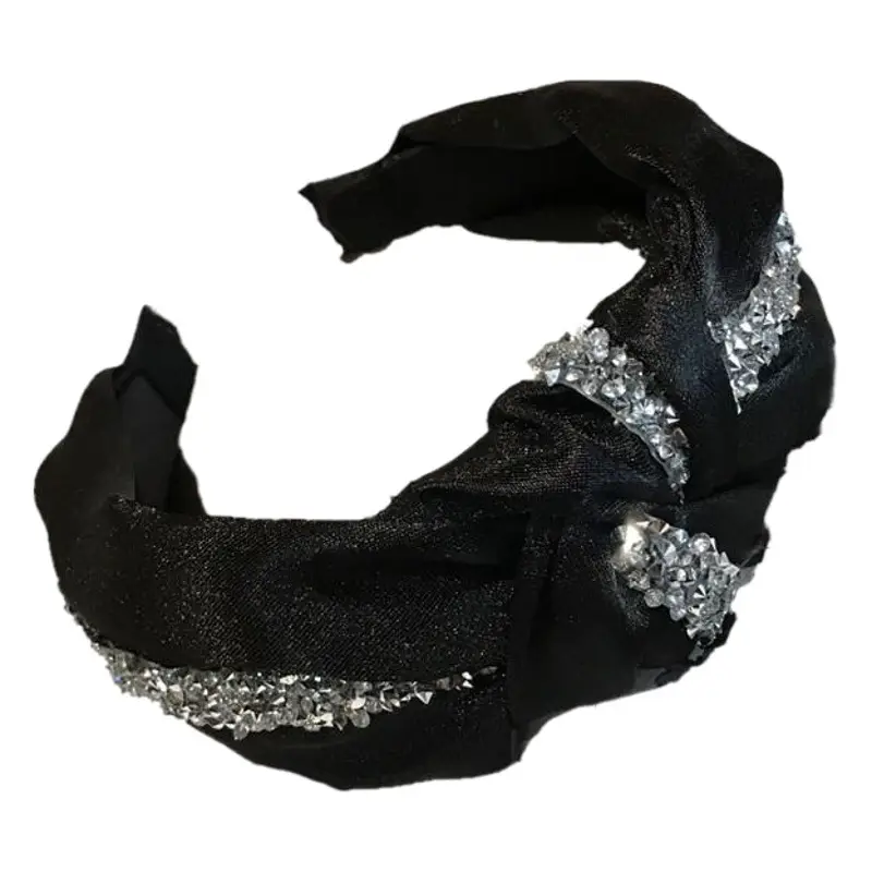 Black Diamond Strip Hairband for Women Wide Edge Tie Bow