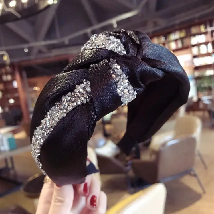 Black Diamond Strip Hairband for Women Wide Edge Tie Bow - Image 2