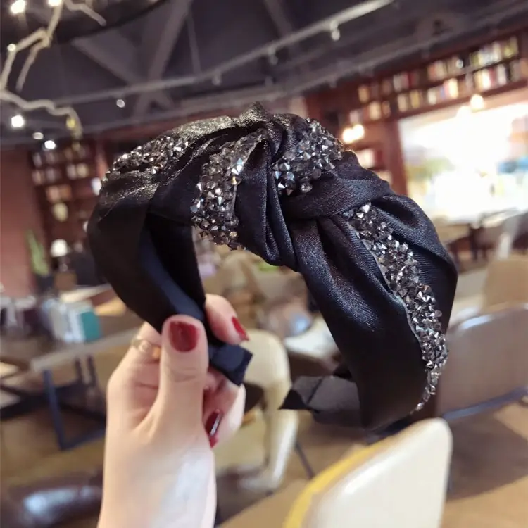 Black Diamond Strip Hairband for Women Wide Edge Tie Bow - Image 3