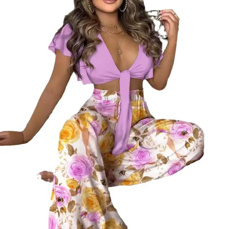 2023 Printed Trousers Top Set Turquoise Floral - Image 10