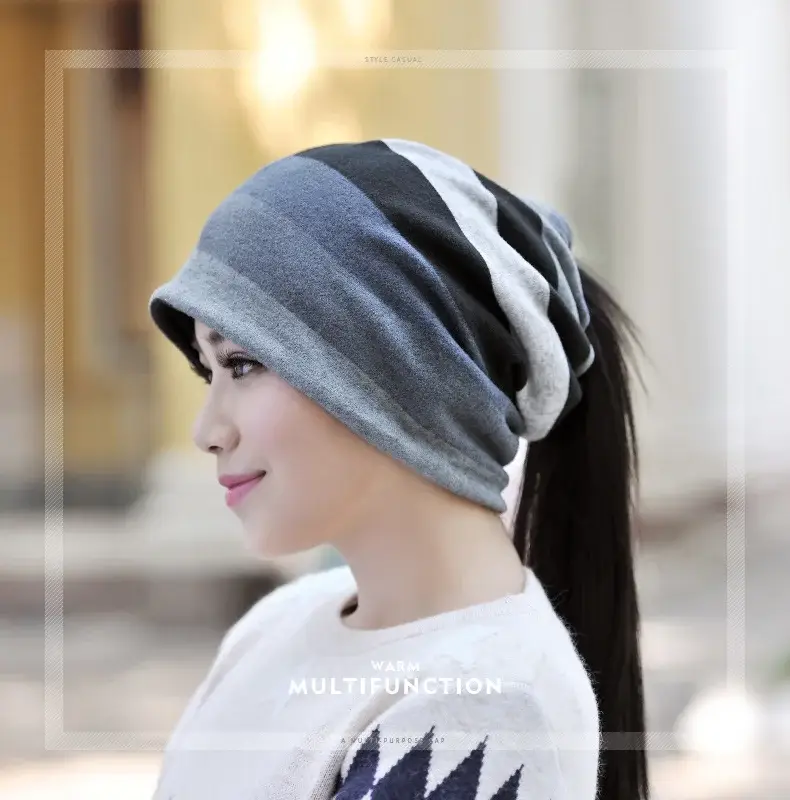 Ladies Double Layer Striped Neck Warmer Cap — feature 1