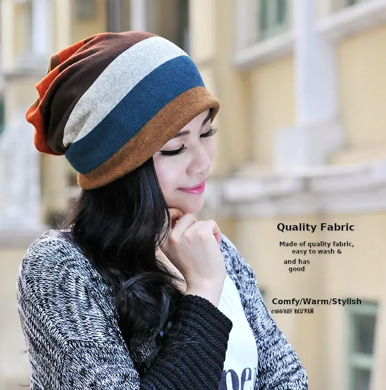 Ladies Double Layer Striped Neck Warmer Cap — feature 2