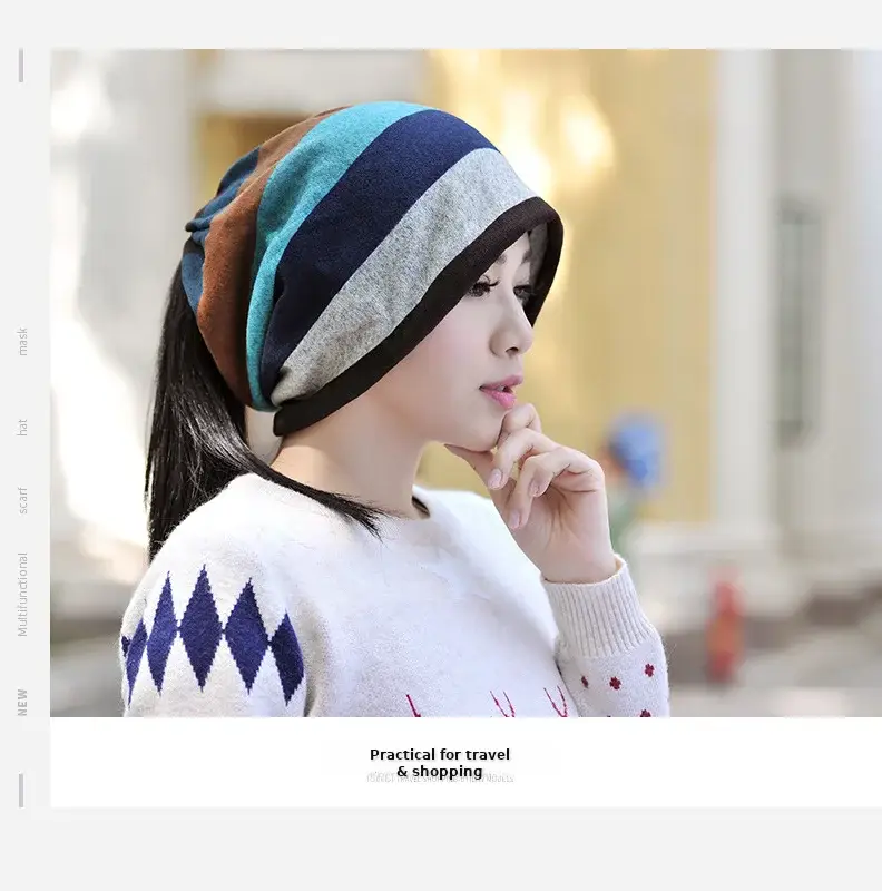 Ladies Double Layer Striped Neck Warmer Cap — feature 3