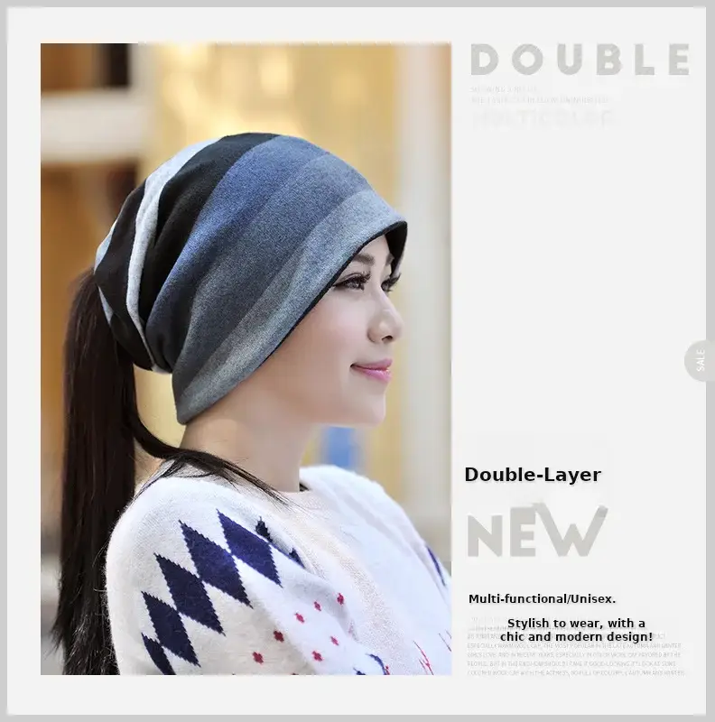 Ladies Double Layer Striped Neck Warmer Cap — feature 5