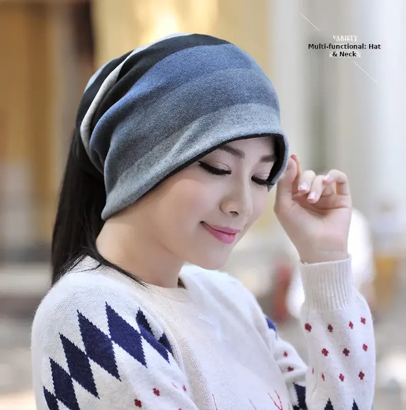 Ladies Double Layer Striped Neck Warmer Cap — feature 6