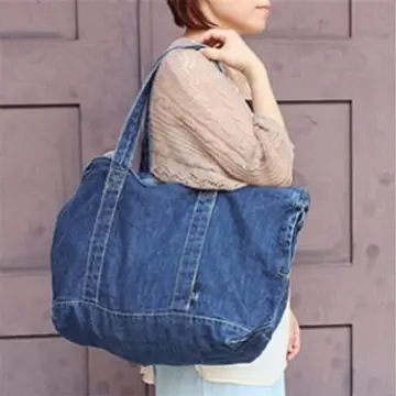 Japanese Men's Denim Tote Bag Blue White Floral Embroidery - Image 9
