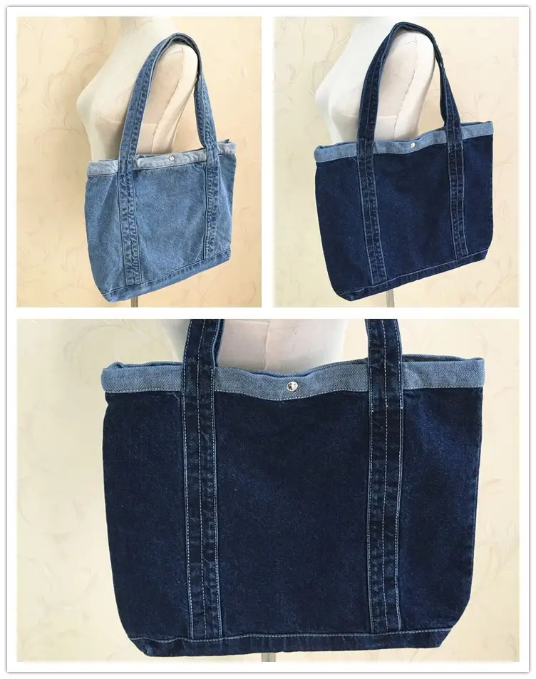 Japanese Men's Denim Tote Bag Blue White Floral Embroidery - Image 2
