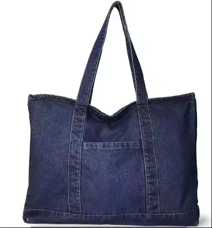 Japanese Men's Denim Tote Bag Blue White Floral Embroidery - Image 3