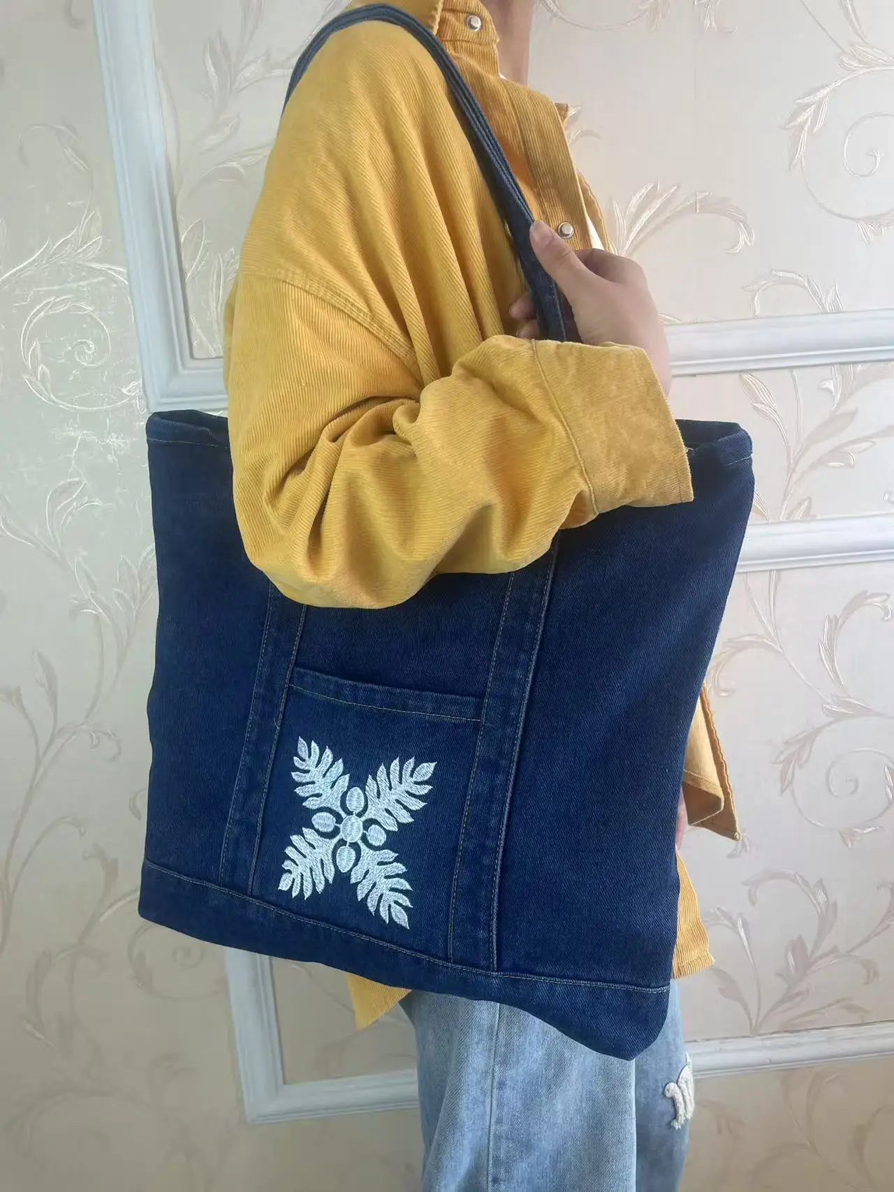 Japanese Men's Denim Tote Bag Blue White Floral Embroidery - Image 6