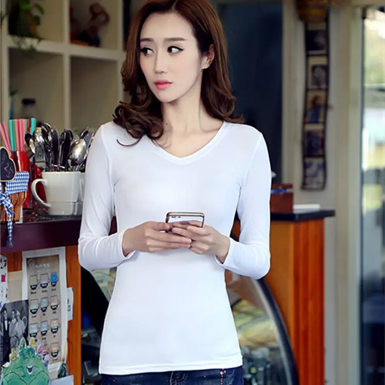 Women Black V Neck Long Sleeve Slim Fit T-Shirt - Image 2
