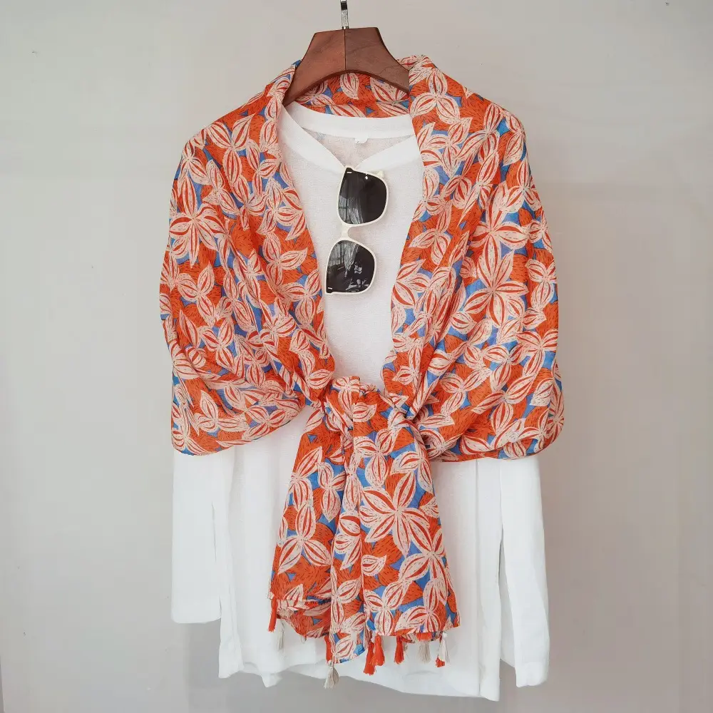 Blue White Floral Scarf for Women Travel Sunscreen - Image 7