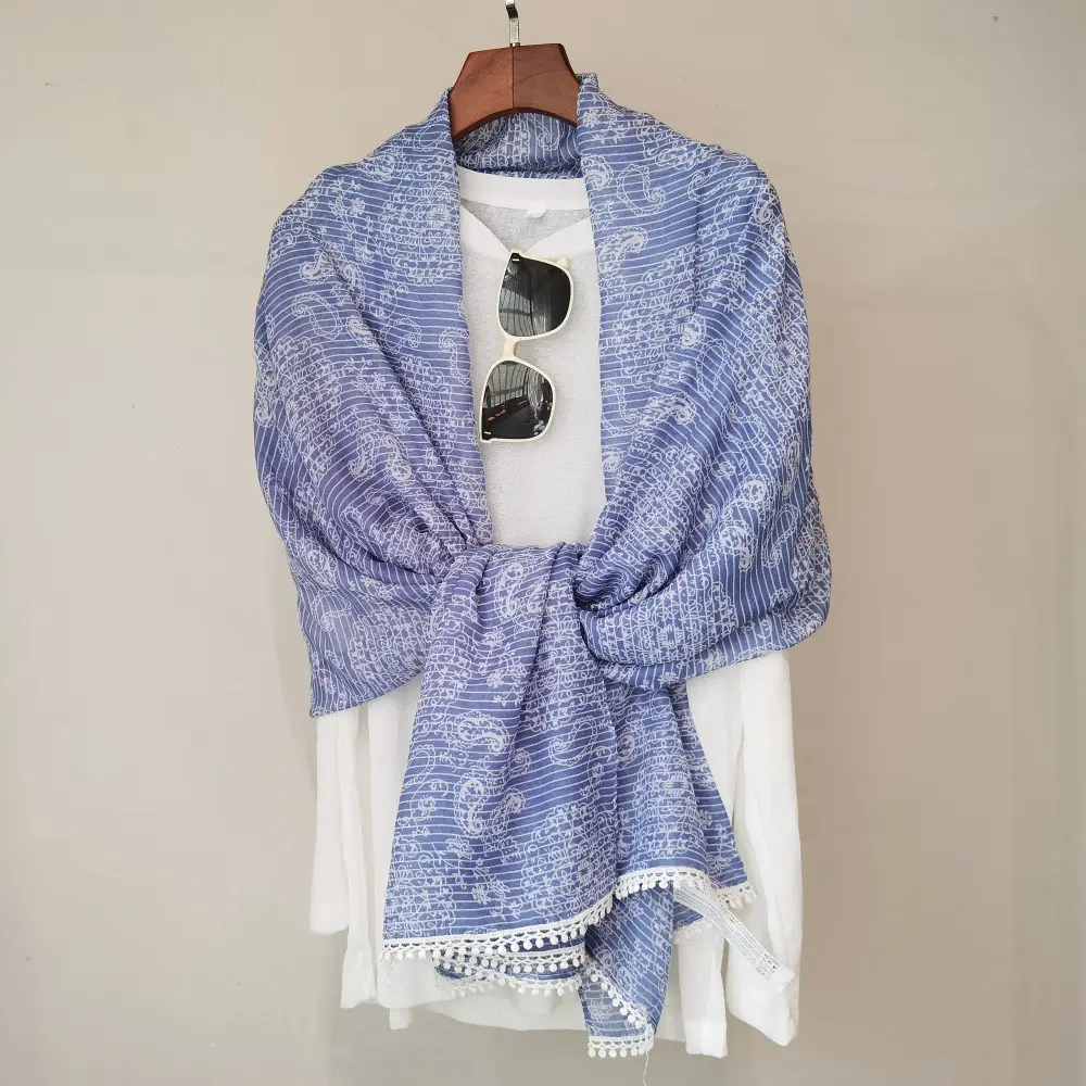 Blue White Floral Scarf for Women Travel Sunscreen - Image 32
