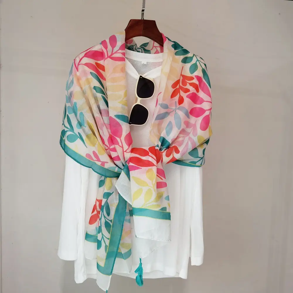 Blue White Floral Scarf for Women Travel Sunscreen - Image 9