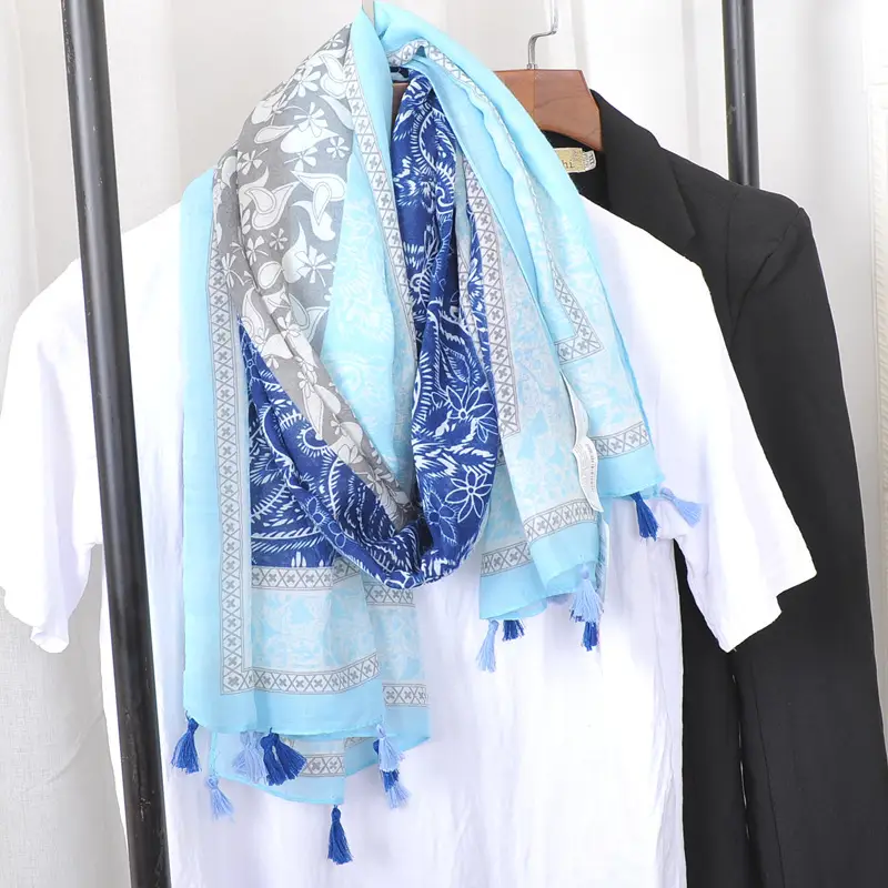 Blue White Floral Scarf for Women Travel Sunscreen - Image 12