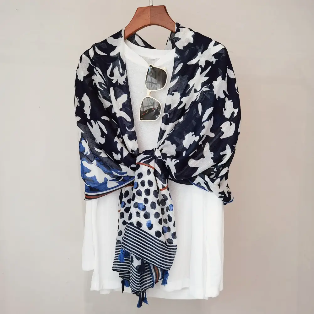 Blue White Floral Scarf for Women Travel Sunscreen - Image 13