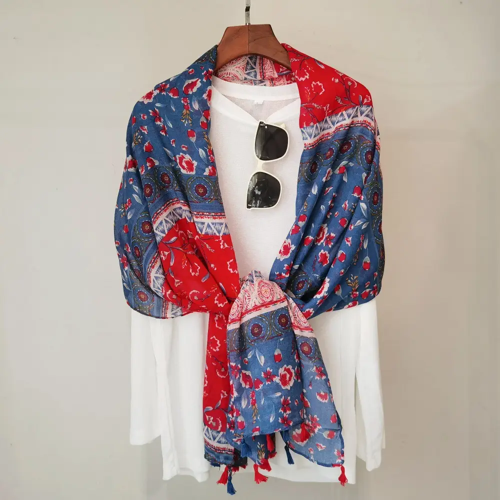 Blue White Floral Scarf for Women Travel Sunscreen - Image 17
