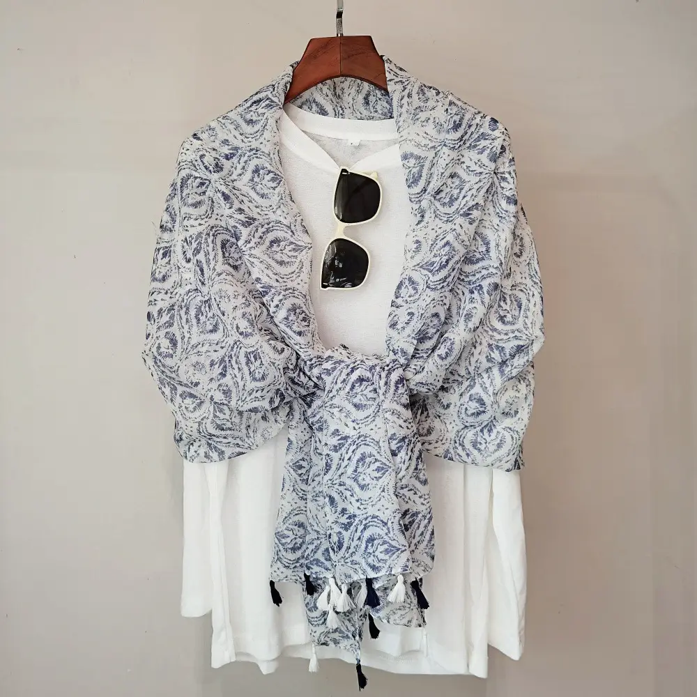 Blue White Floral Scarf for Women Travel Sunscreen - Image 18