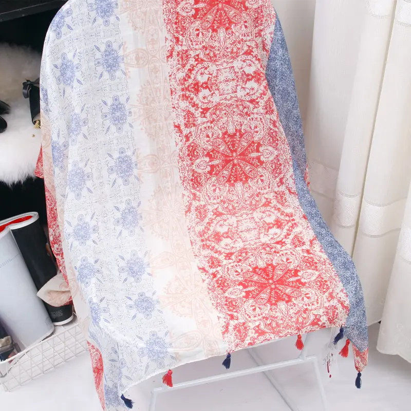 Blue White Floral Scarf for Women Travel Sunscreen - Image 2